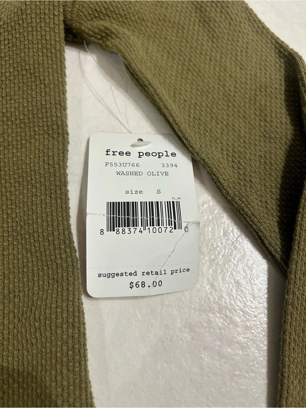 Free People Olive Green Waffle Knit Long Sleeve with Embroidered Cuffs